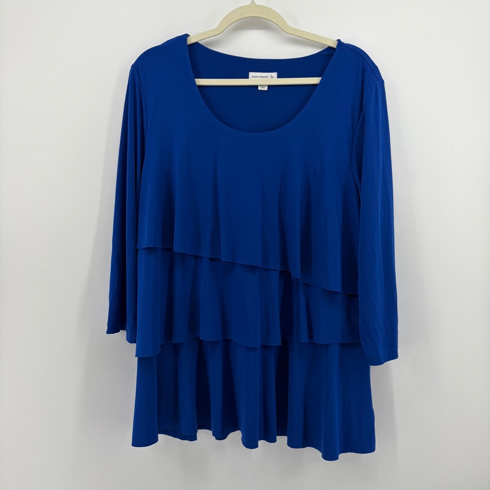 Susan Graver Women L Blue Tunic Top Tiered Layered 3/4 Sleeve Scoop Neck Stretch